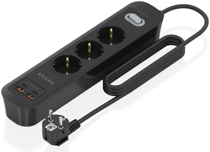 Aisens Regleta de Enchufes Multifunción 3 Tomas + Cargador 20W 2xUSB-C 2xUSB-A Negro ASPS-2A2C11-BK Aisens Regleta de Enchufes Multifunción 3 Tomas + Cargador 20W 2xUSB-C 2xUSB-A Negro ASPS-2A2C11-BK
