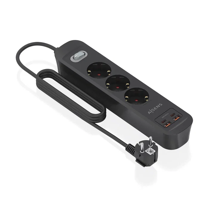 Aisens Regleta de Enchufes Multifunción 3 Tomas + Cargador 20W 2xUSB-C 2xUSB-A Negro ASPS-2A2C11-BK Aisens Regleta de Enchufes Multifunción 3 Tomas + Cargador 20W 2xUSB-C 2xUSB-A Negro ASPS-2A2C11-BK