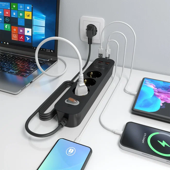 Aisens Regleta de Enchufes Multifunción 3 Tomas + Cargador 20W 2xUSB-C 2xUSB-A Negro ASPS-2A2C11-BK Aisens Regleta de Enchufes Multifunción 3 Tomas + Cargador 20W 2xUSB-C 2xUSB-A Negro ASPS-2A2C11-BK