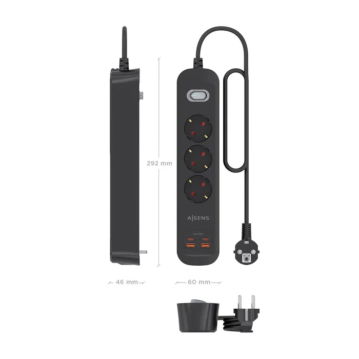 Aisens Regleta de Enchufes Multifunción 3 Tomas + Cargador 20W 2xUSB-C 2xUSB-A Negro ASPS-2A2C11-BK Aisens Regleta de Enchufes Multifunción 3 Tomas + Cargador 20W 2xUSB-C 2xUSB-A Negro ASPS-2A2C11-BK