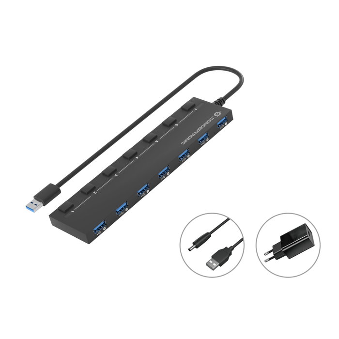 Conceptronic HUBBIES19BP Hub USB 3.2 Gen 1 con 7 puertos y adaptador de corriente