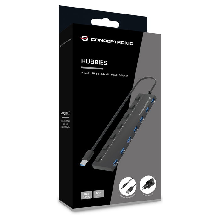 Conceptronic HUBBIES19BP Hub USB de 7 puertos 3.2 Gen 1 con adaptador de corriente