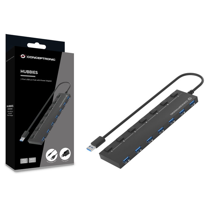 Conceptronic HUBBIES19BP Hub USB de 7 puertos 3.2 Gen 1 con adaptador de corriente