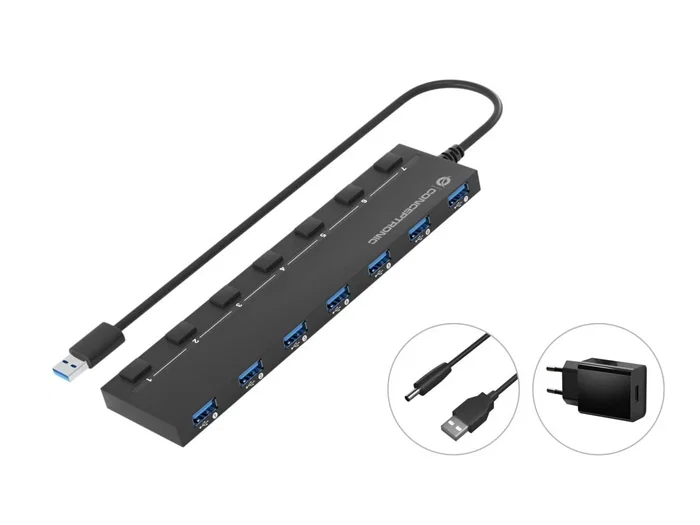 Conceptronic HUBBIES19BP Hub USB 7 Puertos USB 3.2 Gen 1 (3.0) Negro con Fuente de Alimentación Externa - 5000 Mbit/s, Plug & Play Conceptronic HUBBIES19BP Hub USB 7 Puertos USB 3.2 Gen 1 (3.0) Negro con Fuente de Alimentación Externa - 5000 Mbit/s, Plug & Play