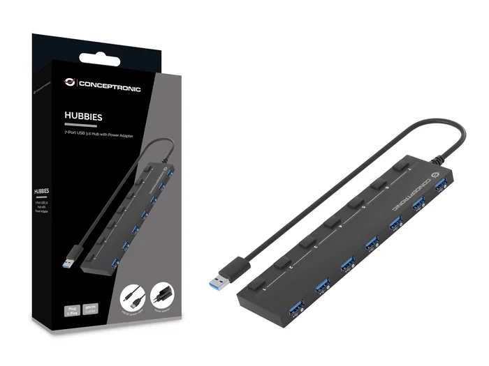 Conceptronic HUBBIES19BP Hub USB 7 Puertos USB 3.2 Gen 1 (3.0) Negro con Fuente de Alimentación Externa - 5000 Mbit/s, Plug & Play Conceptronic HUBBIES19BP Hub USB 7 Puertos USB 3.2 Gen 1 (3.0) Negro con Fuente de Alimentación Externa - 5000 Mbit/s, Plug & Play