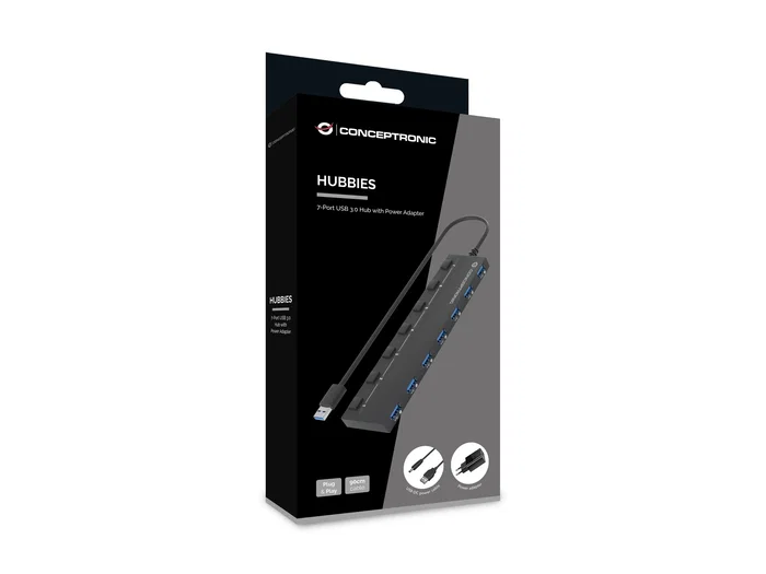 Conceptronic HUBBIES19BP Hub USB 7 Puertos USB 3.2 Gen 1 (3.0) Negro con Fuente de Alimentación Externa - 5000 Mbit/s, Plug & Play Conceptronic HUBBIES19BP Hub USB 7 Puertos USB 3.2 Gen 1 (3.0) Negro con Fuente de Alimentación Externa - 5000 Mbit/s, Plug & Play