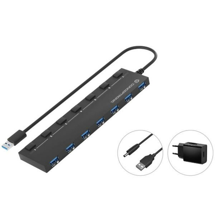 Conceptronic HUBBIES19BP Hub USB de 7 puertos 3.2 Gen 1 con adaptador de corriente