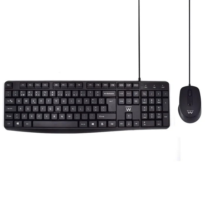 Ewent EW3007 - Teclado con Ratón USB con Cable para Oficina, Interruptor de Membrana, Diseño QWERTY Portugués, Teclado Completo 104 Teclas, Color Negro