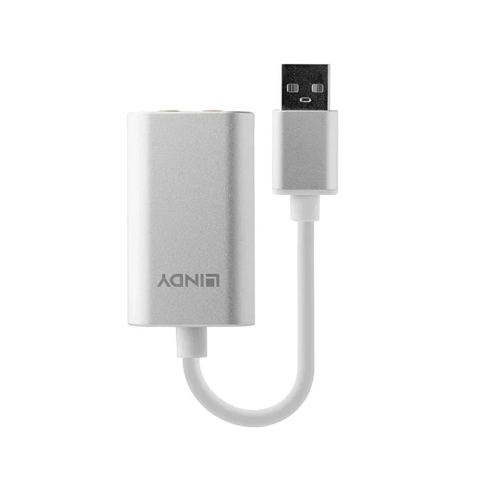 Lindy 42926 Convertidor de Audio USB Tipo A a 3.5 mm para Ordenador, Color Plata y Blanco