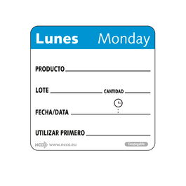 NCCO SRIDU2201 - Rollo de 500 etiquetas - "LUNES" - 5 x 5 cm - Blanco y azul - Venta 1 unidad.