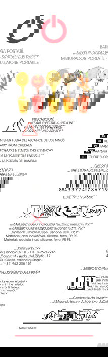 Inde Batidora de Vaso Portátil Recargable Basic Home, Capacidad 380 ml, 24 x 7.5 cm (6 Unidades)