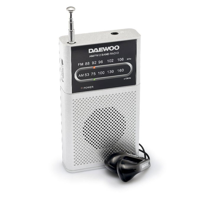 DAEWOO Radio AM/FM Portátil con Altavoz, Incluye Auriculares, Color Plata