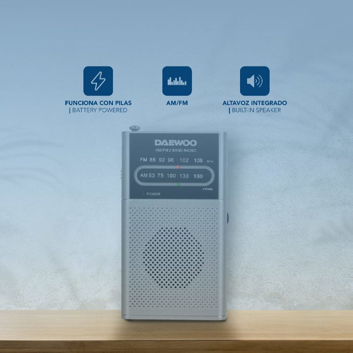 DAEWOO Radio AM/FM Portátil con Altavoz, Incluye Auriculares, Color Plata DAEWOO Radio AM/FM Portátil con Altavoz, Incluye Auriculares, Color Plata