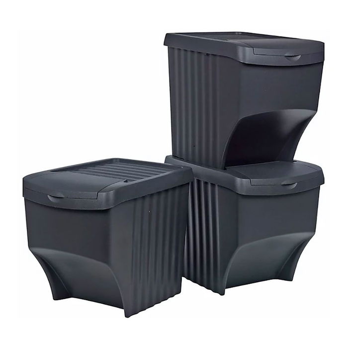 Sortibox Sistema de 3 Cubos Apilables para Reciclaje 39,2 x 29,3 x 45,6 cm, 3 x 22 Litros, Gris Piedra