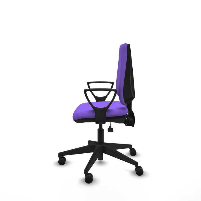 Silla de oficina Elche con mecanismo Asincro tapizada con Tela color Lila. Equipada con Base piramidal negra, Brazos fijos y Ruedas 65mm nailon Silla de oficina Elche con mecanismo Asincro tapizada con Tela color Lila. Equipada con Base piramidal negra, Brazos fijos y Ruedas 65mm nailon