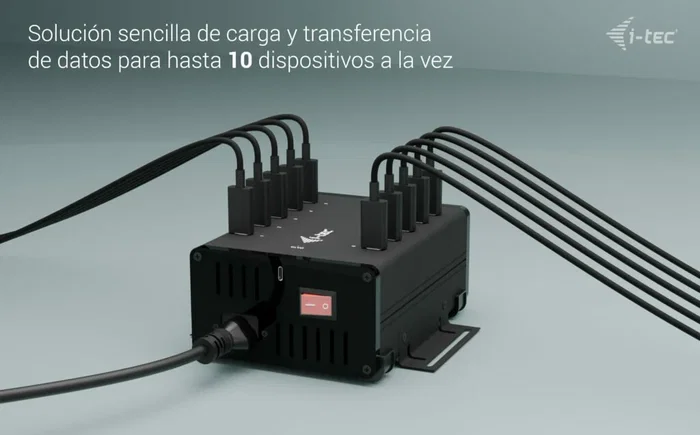 i-tec CACHRGHUB10C HUB de Carga y Datos 10 en 1 con 10 Puertos USB-C, Carga Rápida de 15W, Transferencia 5Gbps, Plug & Play, Negro