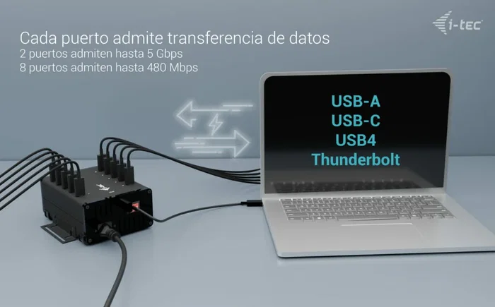 i-tec CACHRGHUB10C HUB de Carga y Datos 10 en 1 con 10 Puertos USB-C, Carga Rápida de 15W, Transferencia 5Gbps, Plug & Play, Negro