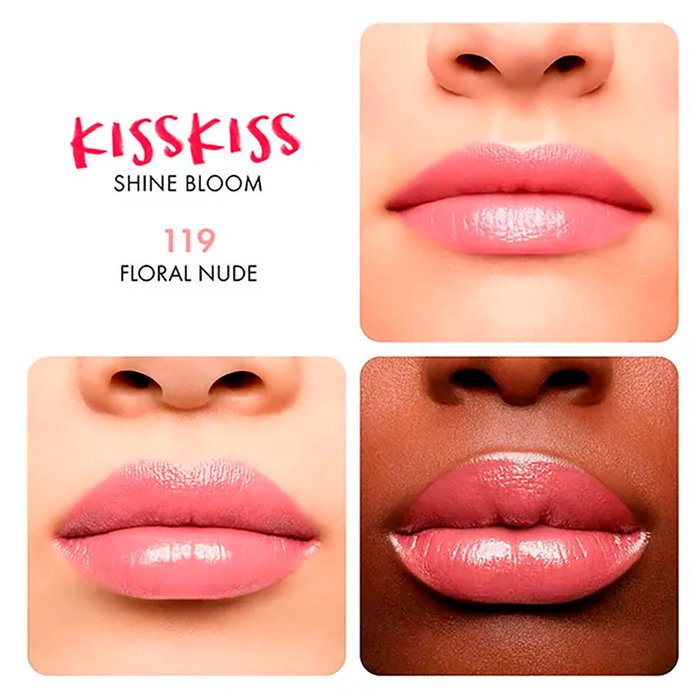 Guerlain KISSKISS SHINE BLOOM Barra de Labios Brillo #119 Floral Nude - 95% Ingredientes Naturales, 24h Hidratación, Acabado Brillante, 3.2 g
