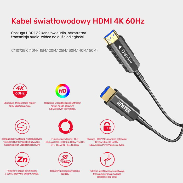 Unitek Cable óptico HDMI 2.0 AOC 4K 60Hz 7 m Unitek Cable óptico HDMI 2.0 AOC 4K 60Hz 7 m