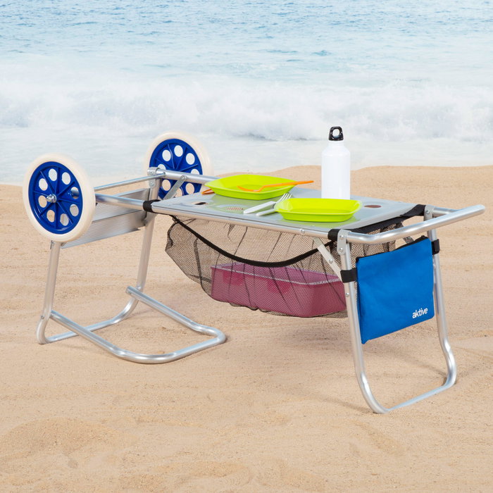 Aktive Carro mesa playa 2 en 1 azul con base extensible y rejilla auxiliar