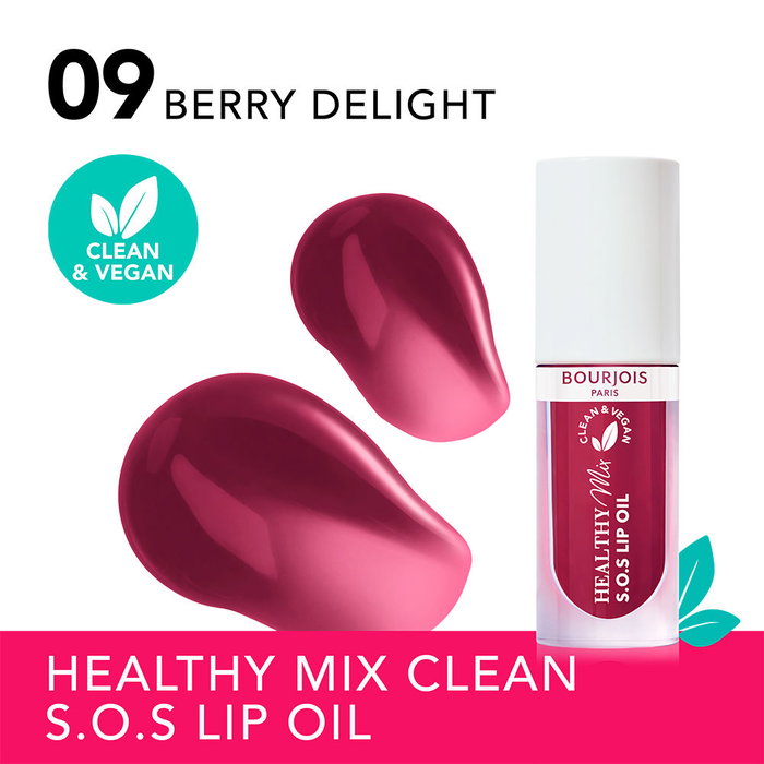 Bourjois HEALTHY MIX S.O.S aceite labial Brillo #09 Berry Delight con 94% Ingredientes Naturales, 4.5 ml