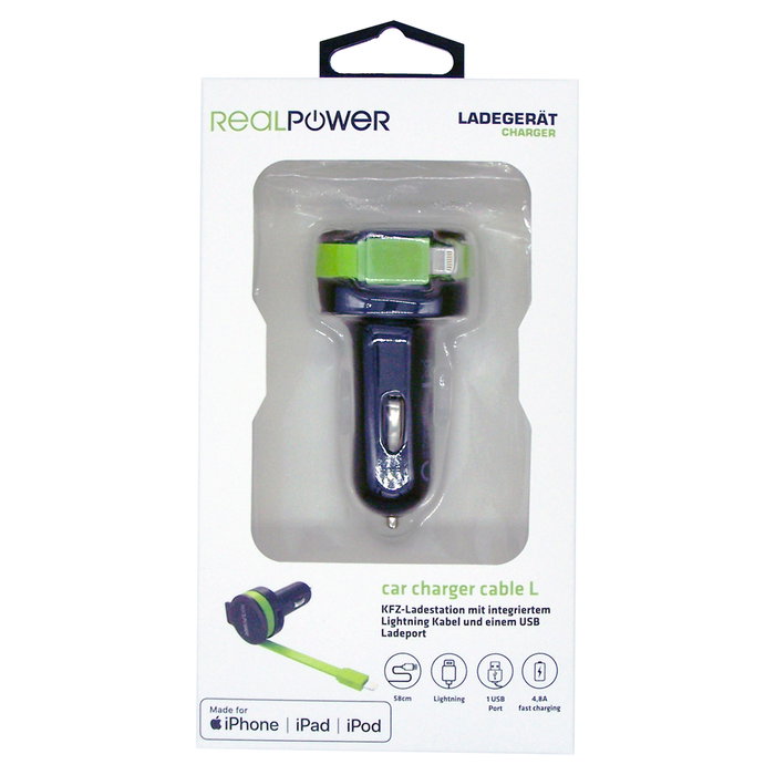 RealPower Cargador de Coche (Encendedor) 4.8A Dual USB 2.4A + Lightning Cable 0.58m 257637 - Negro/Verde