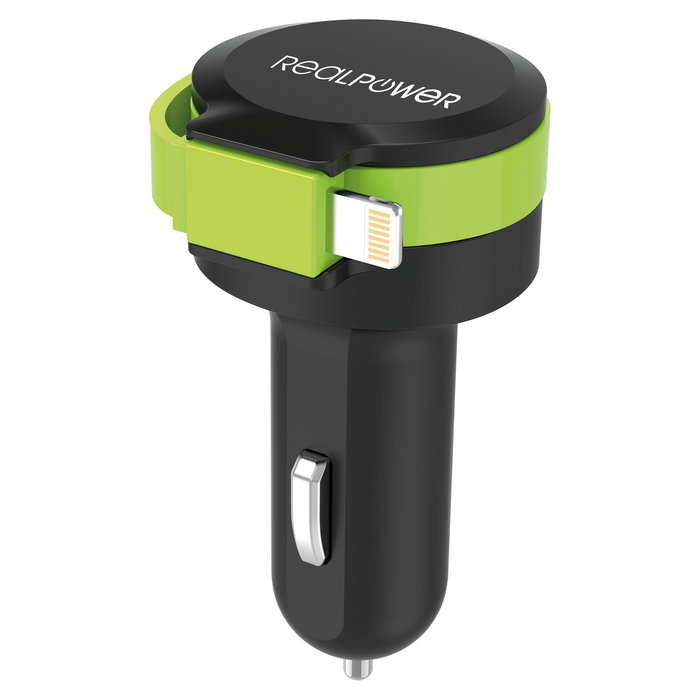 RealPower Cargador de Coche (Encendedor) 4.8A Dual USB 2.4A + Lightning Cable 0.58m 257637 - Negro/Verde