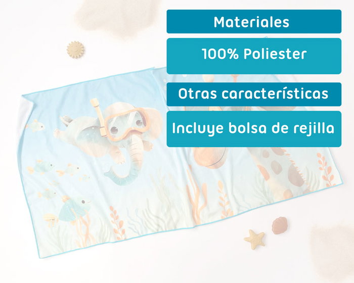 KioKids Toalla de Playa Niños Azul 75 x 150 cm, Microfibra Absorbente, con Bolsa de Rejilla y Mosquetón, Colección Ocean Dreams