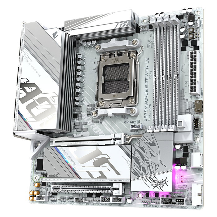 Gigabyte X870M AORUS ELITE WIFI7 ICE Placa Base - AMD X870, Socket AM5, DDR5 hasta 8200 MHz, Wi-Fi 7, Bluetooth 5.4, USB4, 2x M.2 PCIe 5.0/4.0, 2.5GbE LAN - Color Blanco - Micro-ATX