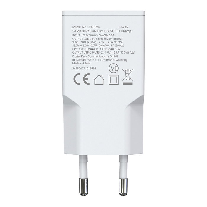 Equip Cargador GaN Slim 30W Blanco con 2 Puertos USB-C y USB-A
