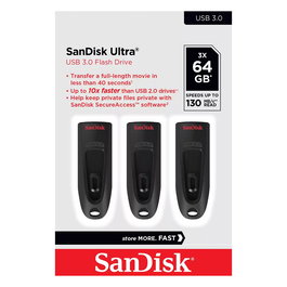 SanDisk Ultra 64GB USB 3.2 Gen 1 Flash Drive, 130 MB/s, Deslizable, Negro, 3 Unidades