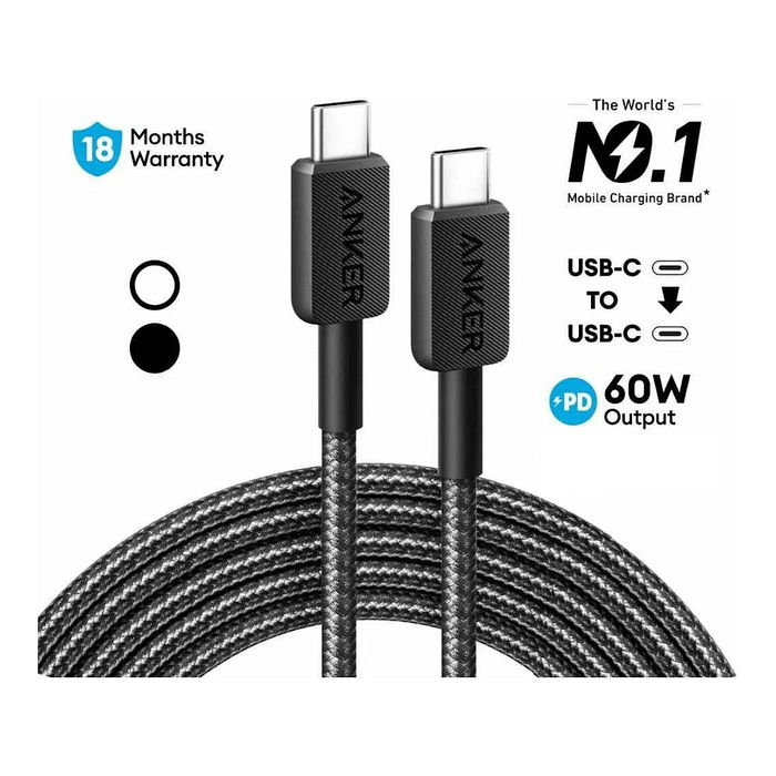 Anker 322 Cable USB-C a USB-C 0.9 m (90 cm) Negro, 60W Carga y Sincronización de Datos, Conectores Macho
