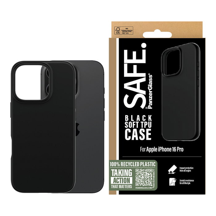 PanzerGlass Funda TPU Negra Compatible con iPhone 16 Pro, Resistente a Rayones y Golpes, Certificado MIL-STD-810H