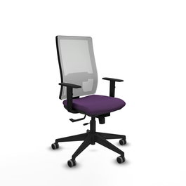 Silla de oficina Horna con mecanismo Sincro/Traslack tapizada con Tela color Morado y malla color Blanco. Equipada con lumbar 1D, Brazos 1D y Ruedas 65 mm parqué