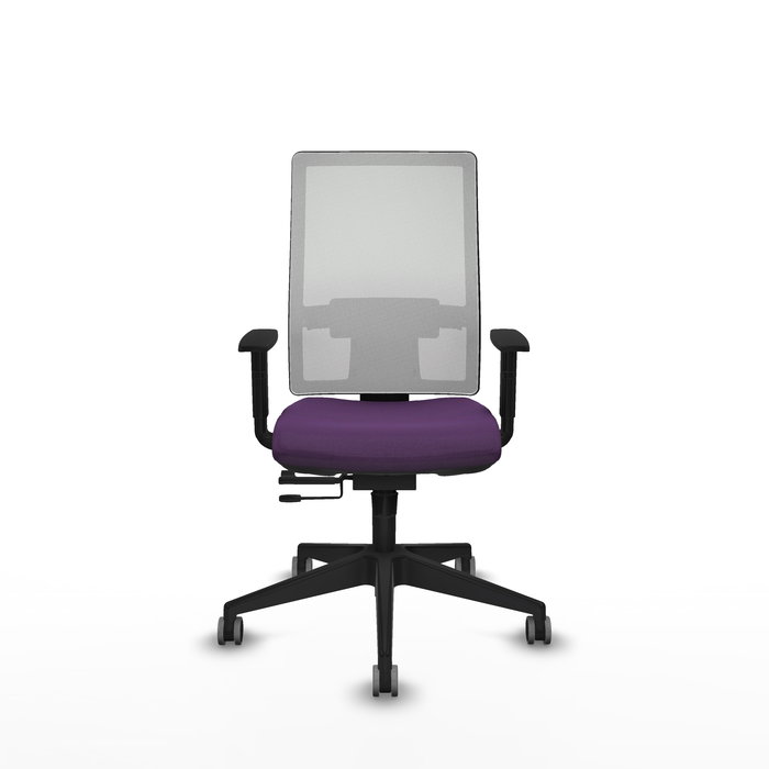Silla de oficina Horna con mecanismo Sincro/Traslack tapizada con Tela color Morado y malla color Blanco. Equipada con lumbar 1D, Brazos 1D y Ruedas 65 mm parqué