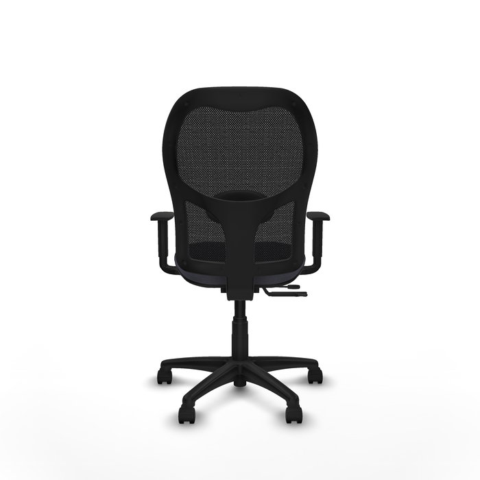 Silla de oficina Alocén con mecanismo Sincro/Traslack tapizada con Tela color Gris oscuro y malla color Negro. Equipada con lumbar 1D, Brazos 1D y Ruedas de nailon 50 mm