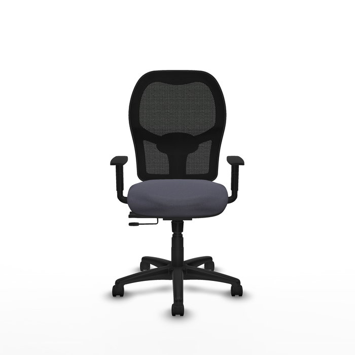 Silla de oficina Alocén con mecanismo Sincro/Traslack tapizada con Tela color Gris oscuro y malla color Negro. Equipada con lumbar 1D, Brazos 1D y Ruedas de nailon 50 mm