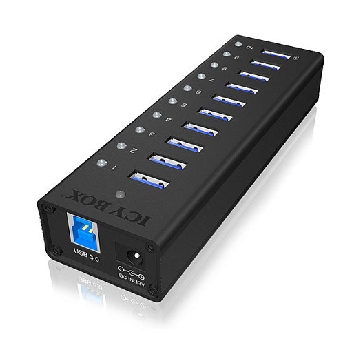 ICY BOX IB-AC6110 Hub USB 3.0 de 10 Puertos con Puerto de Carga, Negro