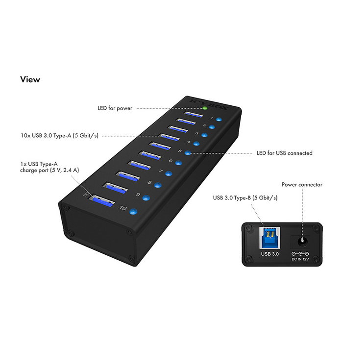 ICY BOX IB-AC6110 Hub USB 3.2 Gen 1 de 10 Puertos en Aluminio Negro con Fuente de Alimentación y Cable USB Tipo A a B