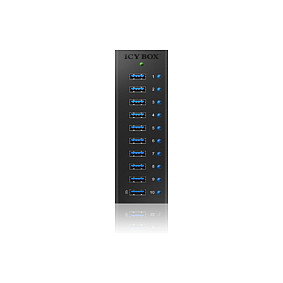 ICY BOX IB-AC6110 Hub USB 3.2 Gen 1 de 10 Puertos en Aluminio Negro con Fuente de Alimentación y Cable USB Tipo A a B