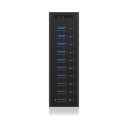 ICY BOX IB-AC6110 Hub USB 3.2 Gen 1 de 10 Puertos en Aluminio Negro con Fuente de Alimentación y Cable USB Tipo A a B