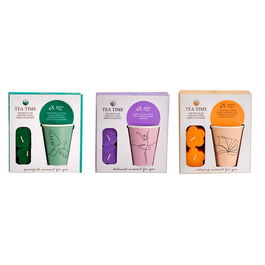 Basics Estuche con Taza de Té, Tazas Wellness Fine Line, 4 Bolsitas de Té y 2 Velas, Modelos Variados