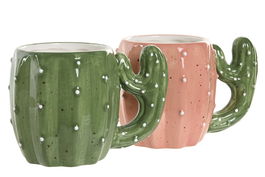 DKD Home Decor Taza Tropical Cactus Verde Naranja 400ml Porcelana 10.3 x 9 x 14.5 cm (4 Unidades)
