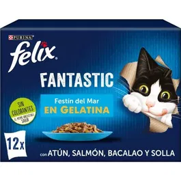 Purina Felix Fantastic Festín del Mar Comida Húmeda para Gato, Tiernos Trocitos en Suculenta Gelatina, 12 Sobres de 85g