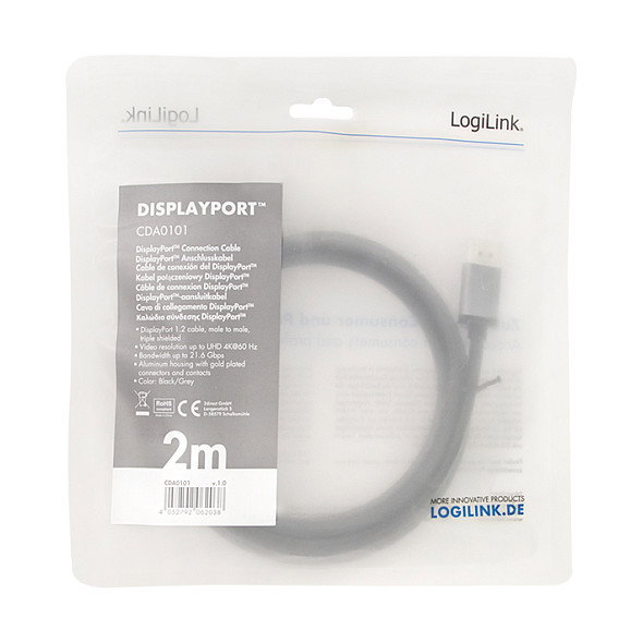 LogiLink Cable DisplayPort DP/M a DP/M 4K/60 Hz, 2 m, aluminio, negro/gris de 2 m LogiLink Cable DisplayPort DP/M a DP/M 4K/60 Hz, 2 m, aluminio, negro/gris de 2 m