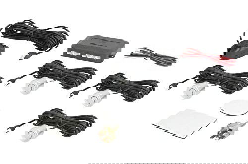 M-Tech Sensores de Aparcamiento CP7 con Zumbador, 4 Sensores Plateados para Asistencia de Marcha Atrás, Compatible con 12V DC