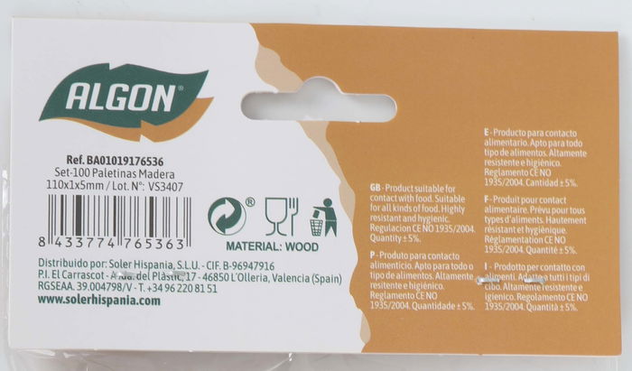 Algon Set 100 Paletinas de Madera 11 cm x 0.5 cm x 0.1 cm (24 Unidades)