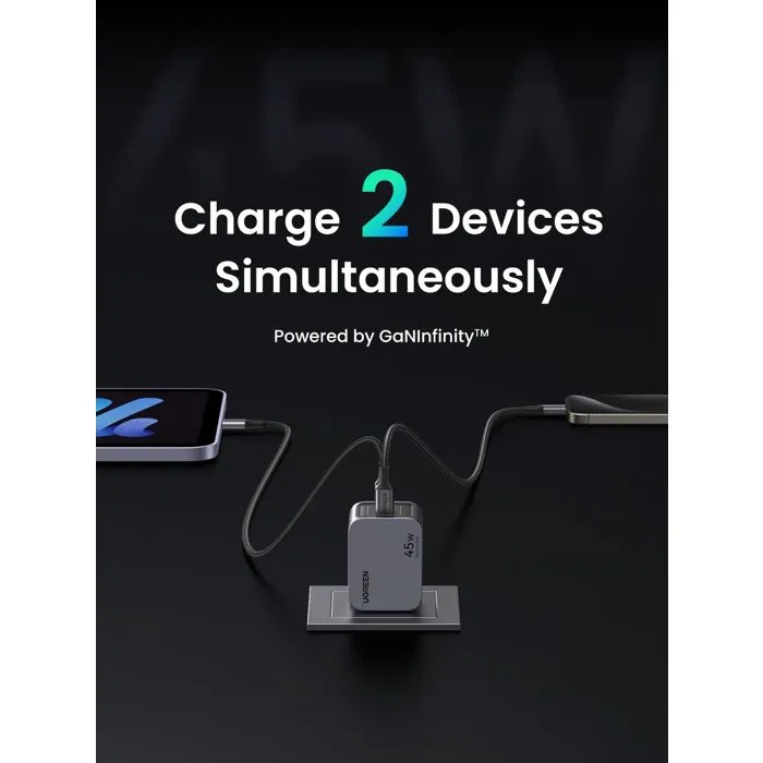 Ugreen Adaptador de CA GaN AABIY78182 - 45W, 2 Puertos USB-C, Color Gris