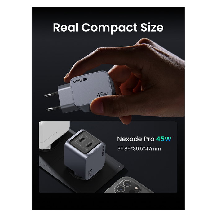 UGREEN Nexode Pro Cargador GaN Rápido 45W 2 Puertos USB-C Gris, Modelo 35008, Power Delivery 3.0 y Quick Charge 4, 36.5 * 47 * 35.9 mm