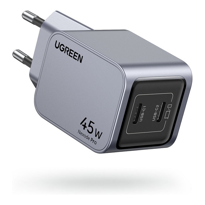 UGREEN Nexode Pro Cargador GaN Rápido 45W 2 Puertos USB-C Gris, Modelo 35008, Power Delivery 3.0 y Quick Charge 4, 36.5 * 47 * 35.9 mm